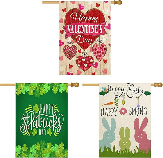 JQAQJU 3PCS Large Valentine Garden Flag 28 x 40, Double Sided Yard Flags, Outdoor Decorations for Valentine Happy Spring Happy Easty St Patricks Day, High-density Linen