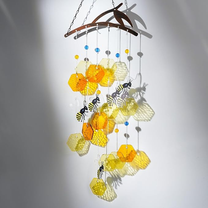 YU FENG 20" Bee Wind Chime for Outside Honeycomb Bees Decorative Hanging Suncatcher for Garden Patio Yard Ornament for Christmas Tree