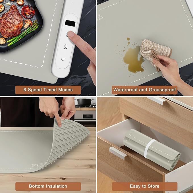 FYY Extra Large Warming Mat for Food - Rapid and Full Surface Heating, 6 Temp Settings, 6H Timer, Rollable Portable Food Warming Mat for Gatherings, Parties, Keep Meal Warm (XX Large Size, Khaki)