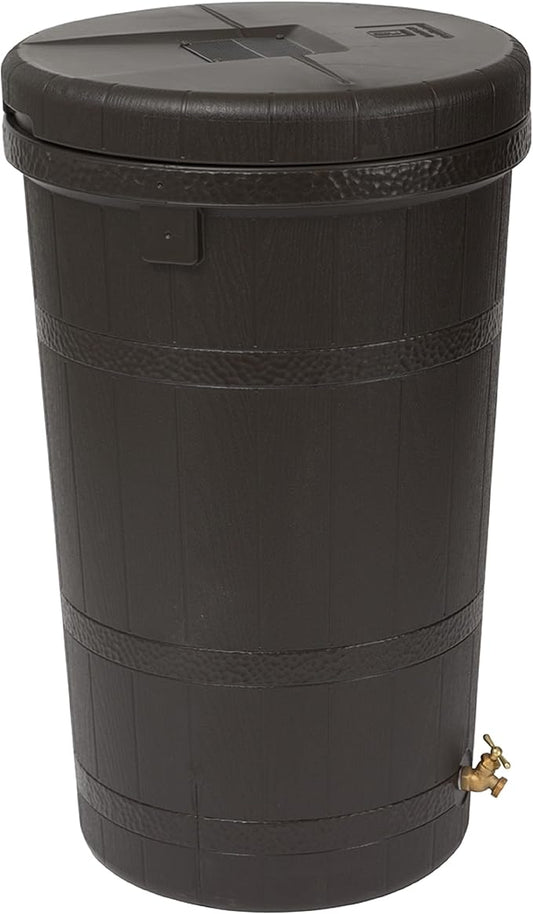 Good Ideas Aspen 50 Gallon Capacity Rain Barrel Water Storage Collector Saver with Brass Spigot and Removable Lid, Oak Brown (2 Pack)