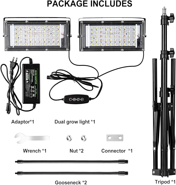 LBW Grow Light for Indoor Plants, Dual Heads Full Spectrum LED Plant Light with Stand, Auto On/Off Timer, 6 Dimmable Levels, 3 Switch Modes, Adjustable Tripod Stand 15-63 inches
