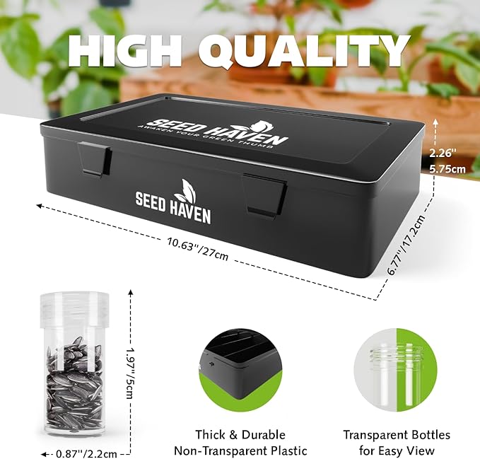 Seed Organizer Storage Box, Black Opaque Light Proof Seed Bank with 60 Transparent Bottles & Labels, Seed Holder Packet Organizer, Seed Vault Container for Homesteaders, Garden Tackle and Bead Sorter