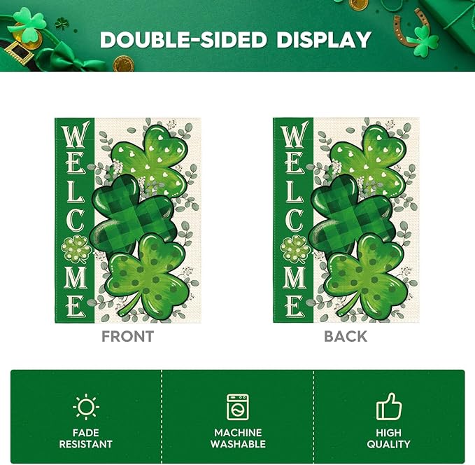 AVOIN colorlife St Patricks Day Garden Flag 12x18 Inch Double Sided Outside, Shamrock Lucky Clover Welcome Holiday Yard Outdoor Flag