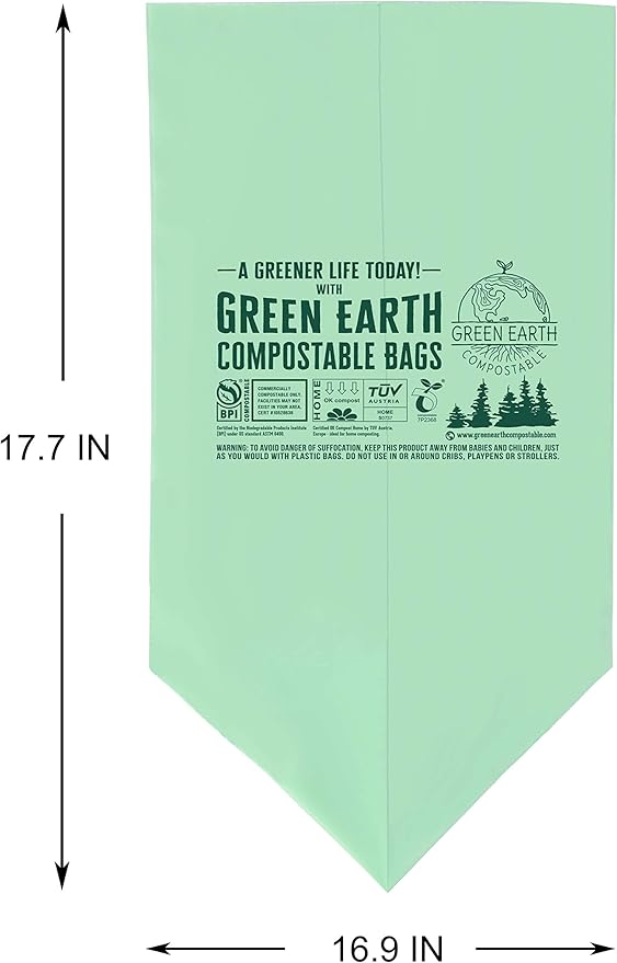 Green Earth Compostable Small Kitchen Food Scrap Trash Bags, Extra Thick 0.71 Mil, Compost Bin Compatible, 3 Gallon, 11.35 Liter, 100-Count, ASTM D6400, BPI (US) & OK Compost Home (EU) Certified