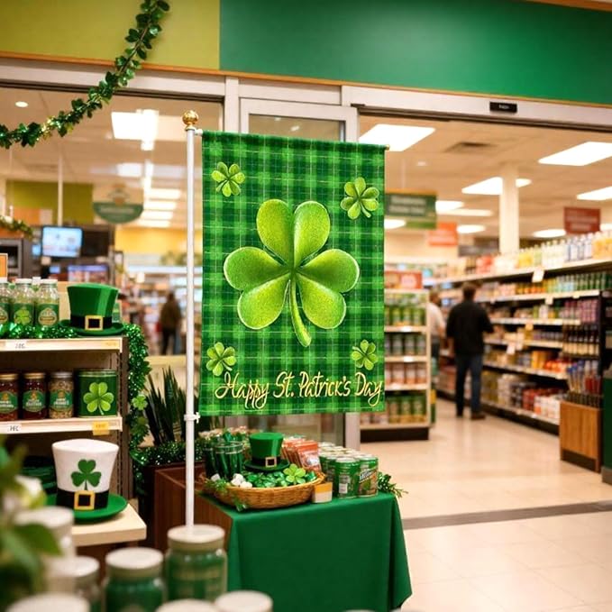 Happy St Patricks Day Flag Double Sided Garden Flag 18 X 12 Inch With Shamrock Buffalo Check Plaid Rustic Burlap Yard Sign Green Banners For Irish Holiday Outside Lawn Decoration Decorations