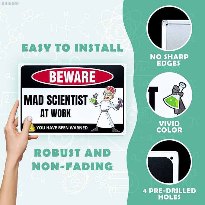Mad Scientist at Work Desk Decor Tin Sign - Laboratory Posters for Wall - Metal Wall Decor - Science Gifts for Adults - Funny Science Classroom Decor - Party Decorations