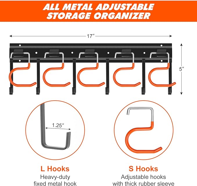 34'' All Metal Garden Tool Organizer Wall Mount Garage Organizers and Storage with Hooks Tool Hangers for Shed