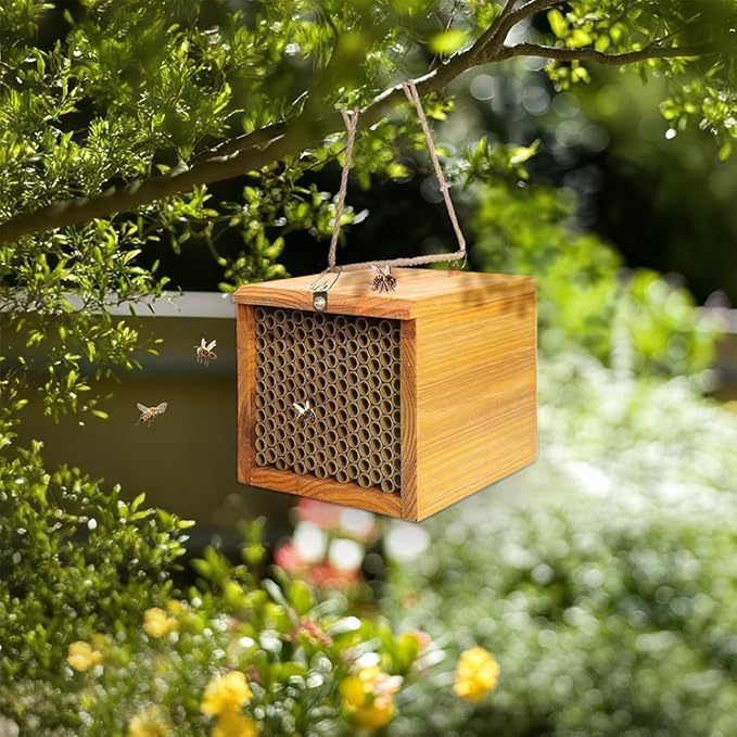 Mason Bee House - Wax Coated Bee Hotel for the Garden, Natural Handmade Wooden Insect Hotel, Mason Bee Home for Outdoors, Attracts Peaceful Bee Pollinators to Your Garden