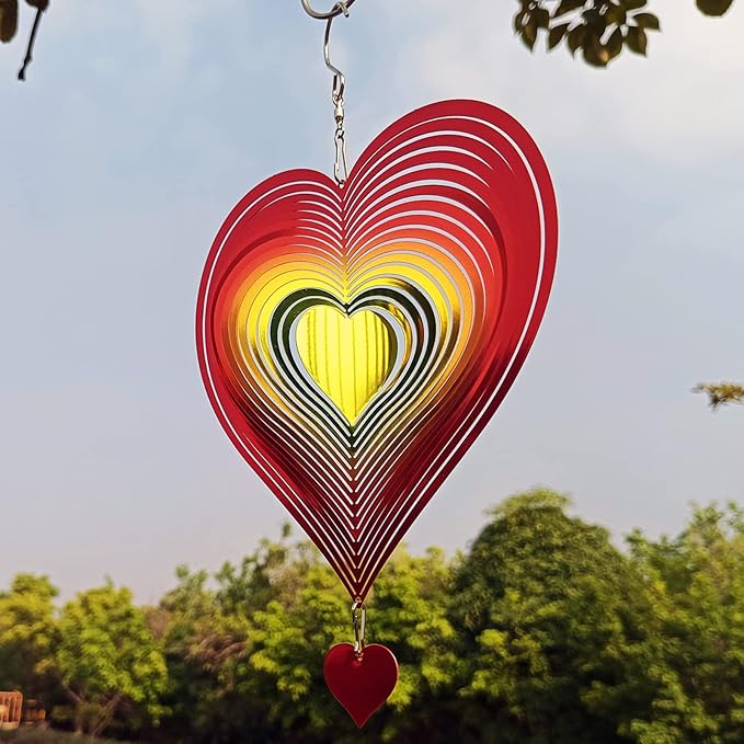 DJUAN Wind Spinner Red-Yellow Gradient Love Heart 3D Metal Hanging Wind Spinners Worth Gift Stainless Steel Yard Art Decorations Indoor/Outdoor Kinetic Wind Sculptures & Spinners