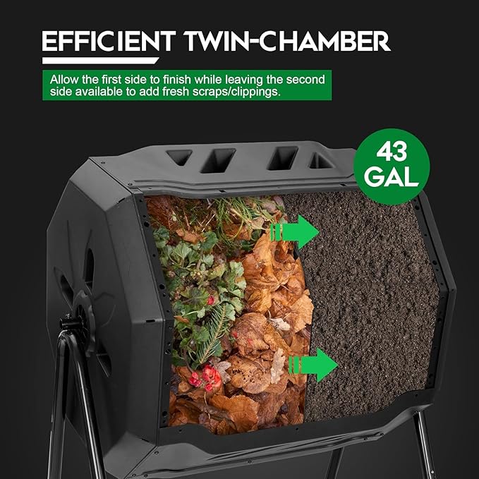 43 Gallon Large Composting Tumbler Dual Chamber Outdoor Garden Rotating Compost Bin Tumbling Composter with Sliding Door,Black