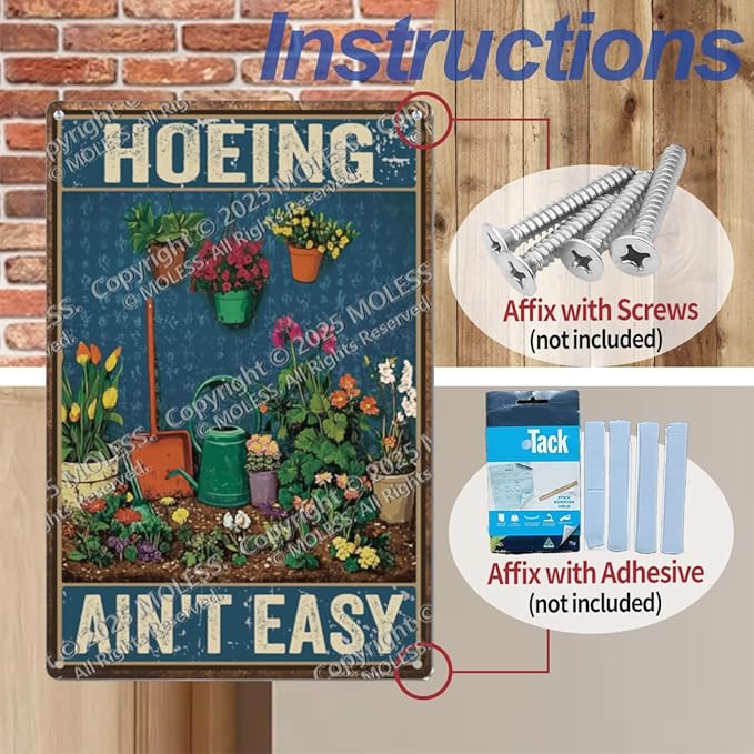 Funny Garden Sign – Hoeing Ain’t Easy | 12x8″ Vintage Metal Sign for Outdoor Garden Decor - Comical Gardening Gift for Women & Plant Lovers, 2485