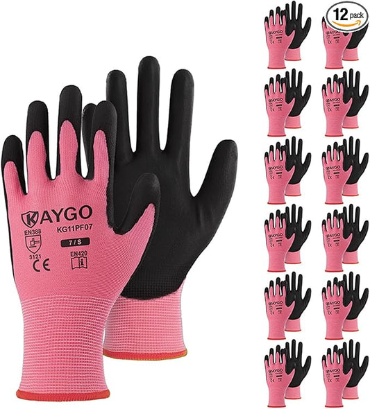 KAYGO Work Gloves for Men and Women,12 Pairs Seamless Knit PU Coated Safety Gloves, with Smooth Grip on Palm and Fingers, Ideal for Light Warehouse, Manufacturing, Gardening, KG11P (S,Pink)