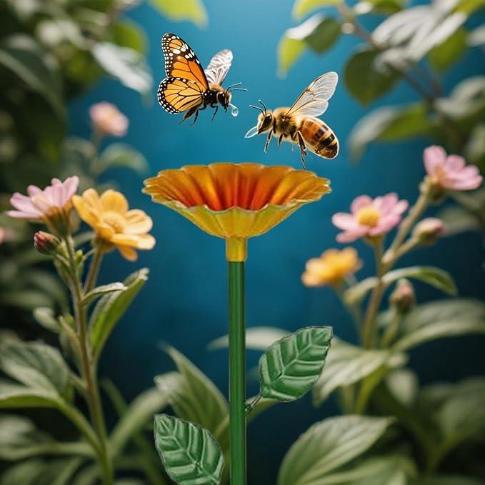 4 Pack Bee Watering Station, Metal Bee Feeder Cups with Colorful Flower Design,Butterfly Bee Bath Bowl for Outdoor Garden Yard Decor (Green, Blue, Yellow, Purple)