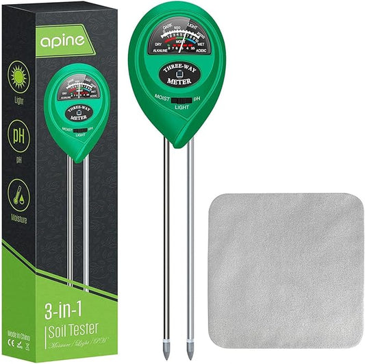 apine Soil Moisture Meter,3 in 1 Soil pH Tester,Soil Tester with Moisture,Light,and pH Test for Garden,Farm,Lawn,Indoor,Outdoor (No Battery Needed)