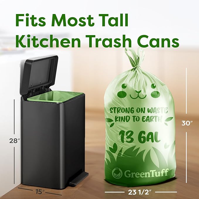 13 Gallon Compostable Trash Bags (40 Count) — Leakproof Plant-based Thick (1.1 Mil) Tall Kitchen Garbage Bags — ASTM D6400 BPI Certified — Heavy-Duty Large Food Scrap Liner Bag with Handle-Tie