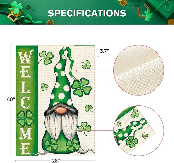 AVOIN colorlife Welcome St Patricks Day House Flag 28 x 40 Inch Double Sided, Leprechaun Gnome Shamrock Lucky Clover Holiday Yard Outdoor Flag