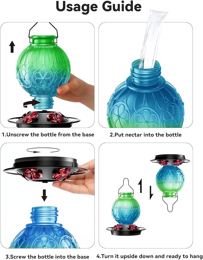 26Oz Hummingbird Feeder for Outdoors, Vintage Glass Bird Feeder with Perch, Durable & Easy to Clean, Hanging Nectar Feeder for Garden, Yard, Deck – Gifts for Women Mom (Green)