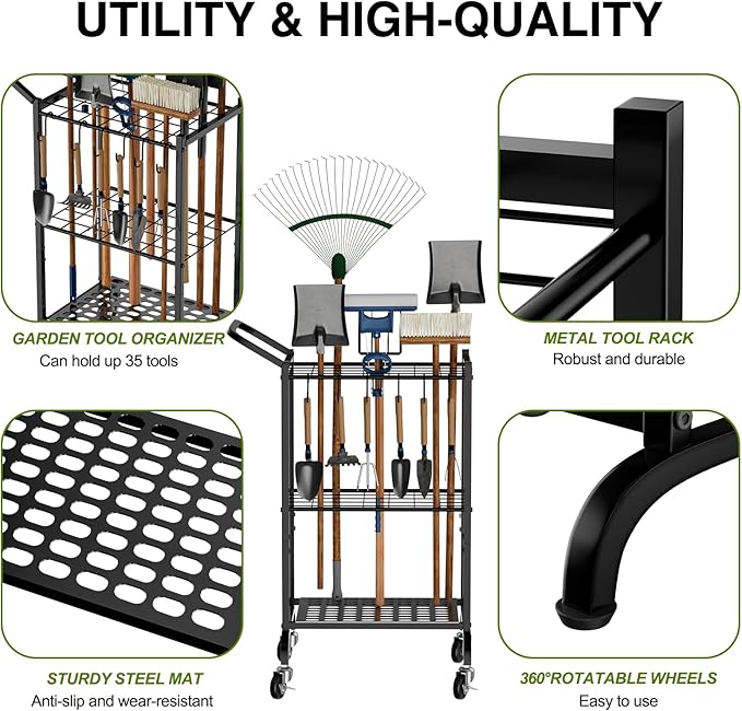 Garden Tool Organizer with Wheels, Yard Tool Tower Rack for Garage Organization and Storage, Up to 35 Long-Handled Tools,Metal Tool Holder with 6 Hooks, Black