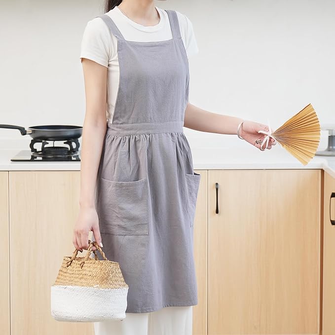 Cotton Linen Pinafore Apron Dress for Women with Pockets Cute Art Chef Aprons for Kitchen Baking Gardening Painting