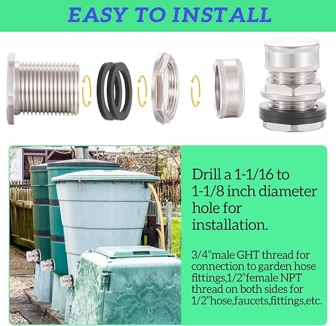 Bulkhead Fitting With Plugs（304 Stainless steel），lead-free, 1/2" Female NPT, 3/4" Male GHT (garden Hose Thread), for Rain Barrels, Aquariums, Water Tanks, Tubs, Pools, Spigot, Sinks，2 Pack…