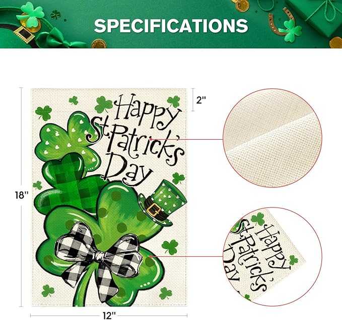 AVOIN colorlife Happy St Patricks Day Garden Flag 12x18 Inch Double Sided Outside, Lucky Shamrocks Clovers Holiday Yard Outdoor Flag