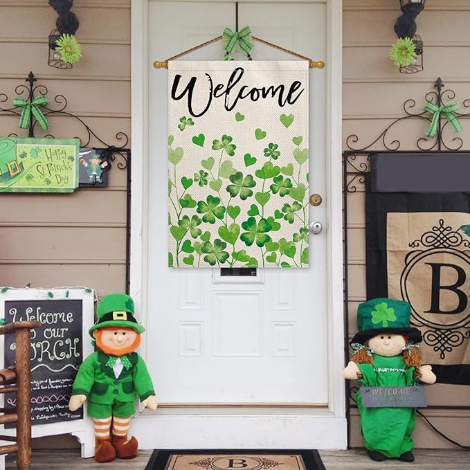 AVOIN colorlife St Patricks Day Welcome House Flag 28x40 Inch Double Sided Outside, Shamrocks Clovers Floral Yard Outdoor Decoration