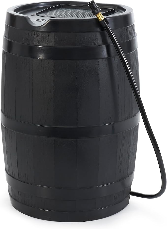 FCMP Outdoor 45 Gallon Heavy Duty Rain Water Catcher Barrel Container with Hose and Debris Screen for Outdoor Plants, Garden, and Landscapes (RC45-BLK) Black