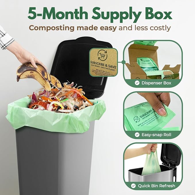 Compostable Kitchen Trash Bags 13 Gal - Cornstrarch Leakproof & Tear Resistant 50 Compost Bags - OK Compost Home & Seedling Certified 0.25 mm Kitchen Garbage Bags