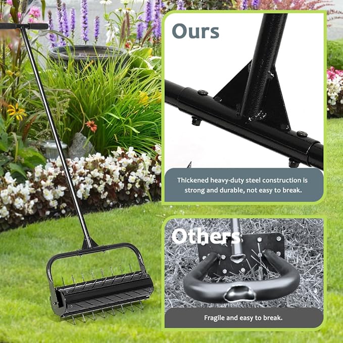 KELIXU Lawn Aerator Tool, 22” Manual Lawn Aerators Roller, Heavy Duty Rolling Lawn Air Aerator Tool with Spike Row, 57.9” H Grass Lawn Aeration Tool, Yard Tools for Garden, Cropland to Loose Soil