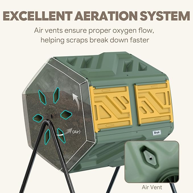 Updated 43 Gallon Dual-Chamber Compost Bin, Fast Assembly Outdoor Compost Tumbler, Rotating Batch Composter Bin with Gloves for Garden, Kitchen, and Yard