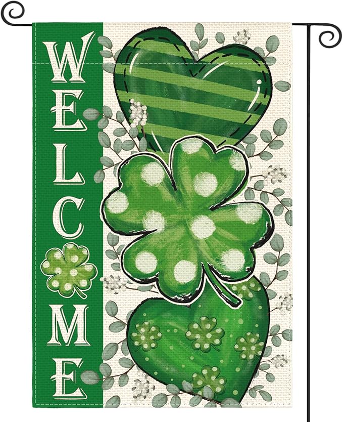 AVOIN colorlife St Patricks Day Garden Flag 12x18 Inch Double Sided Outside, Shamrocks Clovers Hearts Welcome Yard Outdoor Decoration