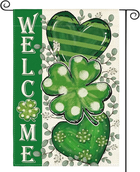 AVOIN colorlife St Patricks Day Garden Flag 12x18 Inch Double Sided Outside, Shamrocks Clovers Hearts Welcome Yard Outdoor Decoration