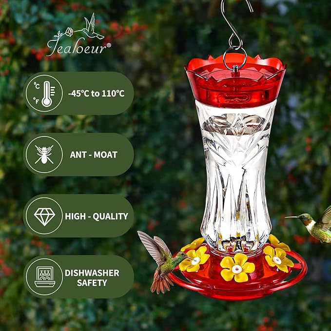Hummingbird Feeder for Outdoors Hanging, 18 OZ Humming Birds Feeders with 6 Bee Guard Feeding Ports & Built-in Ant Moat, Easy to Clean, Durable Outdoor Garden Decor(Clear A 1 Pack)