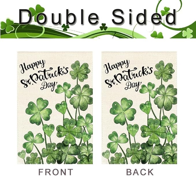 Happy St Patricks Day Garden Flag 12x18 Inch Double Sided Outside, Blossom Shamrock Outdoor Yard Flag Green Lucky Clover Holiday Decoration