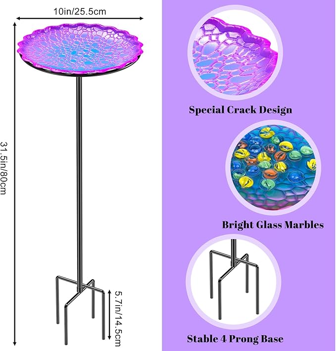 Bee Butterflies Watering Station, Standing Bee Feeder with Glass Marbles for Outside, Bee Bath Feeder with Metal Stakes Butterfly Puddler Garden Yard Déco (Purple)