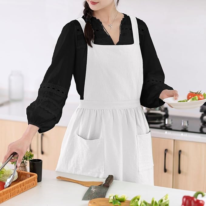 Cotton Linen Pinafore Apron Dress for Women with Pockets Cute Art Chef Aprons for Kitchen Baking Gardening Painting