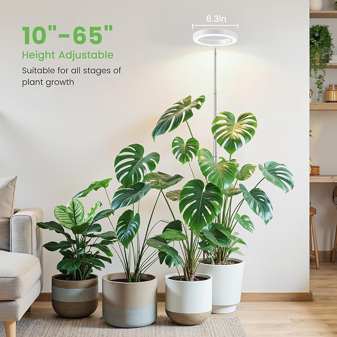 6.3in Grow Light, 80 LED Full Spectrum Halo Plant Lights for Indoor Growing, Height Adjustable 10"-65" Growing Lamp, Auto Timer 6/12/16Hrs, 3 Lighting Modes, Idea for Large Plant, 3 Pack
