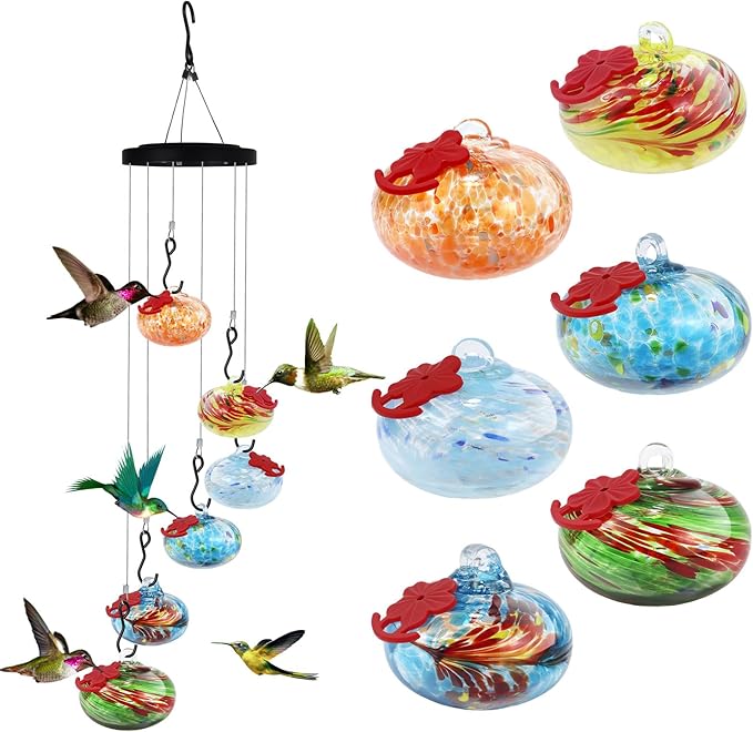 Glass Hummingbird Feeder Wind Chimes for Outdoors Hanging, Hand Blown Glass with 6 Glass Balls, Leak-Proof & Bee Proof for Outdoor Garden Decor for Bird Lovers