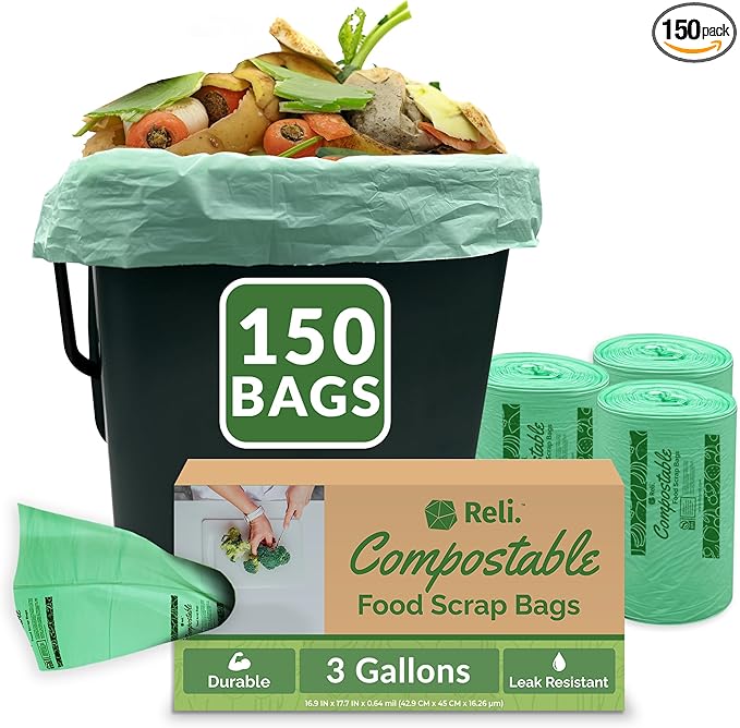 Reli. Compost Bags 3 Gallon (150 Count) | ASTM D6400 | Compostable Trash Bags for Food Scraps | Small Composting Liners for Kitchen Compost Bin/Countertop Bin | Green, Eco for Food Waste, 3 Gal