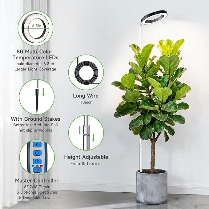 6.3in Grow Light, 80LED Full Spectrum Plant Light for Indoor Growing, Height Adjustable 10"-65", Auto Timer 6/12/16H, 3 Optional Spectrums, Idea for Large Plant, 5V, Black, 2 Pack