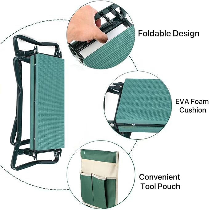 Garden Kneeler and Seat Foldable Gardening Bench Stool with Tool Bag Pouch EVA Foam Pad Outdoor Practical Garden Tools for Kneeling and Sitting Sturdy and Lightweight, Green