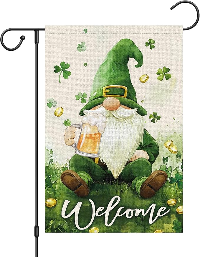 St Patricks Day Gnome Garden Flag 12×18 Inch Double Sided Lucky Shamrock Small Burlap Welcome Green Clover Holiday Outside Yard Flag