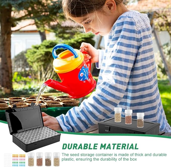 Seed Storage Box with 60 Bottles and Label Stickers, Opaque Light Proof Seed Organizer, Garden Pip Saver kit Seed Container Storage for Flower Plants Vegetable Seed Saving