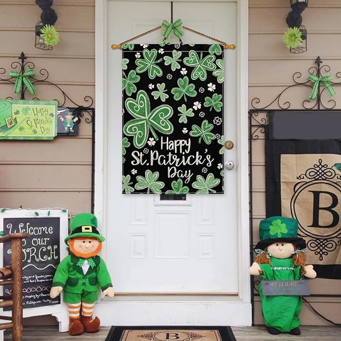 AVOIN colorlife Happy St Patricks Day House Flag 28x40 Inch Double Sided Outside, Shamrock Lucky Clover Floral Yard Outdoor Flag