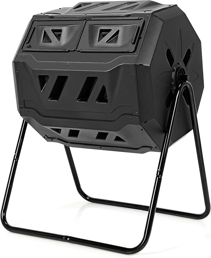 Goplus Compost Tumbler, 43 Gallon Rotating Compost Bin Barrel, Dual Chamber Tumbling Composter with Sliding Door, Gloves, Aeration System for Outdoor, Garden, Yard