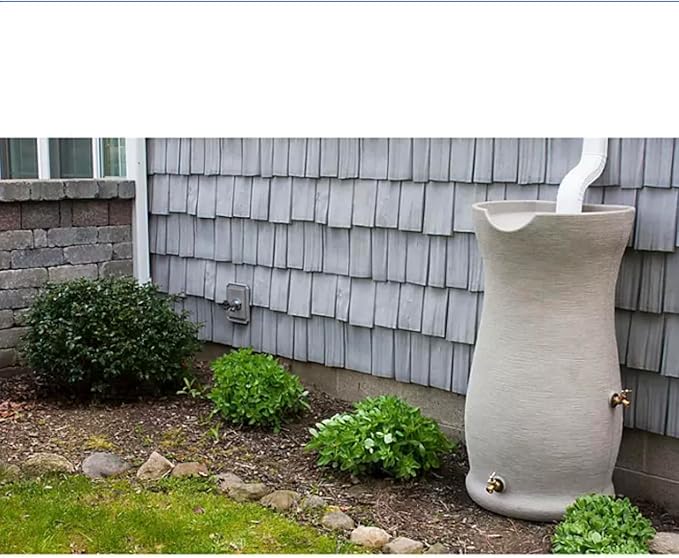50-Gallon Impressions Corsican Rain Barrel with Diverter Kit, Light Gray Textured Finish, Dual Brass Spigots, Downspout Connection