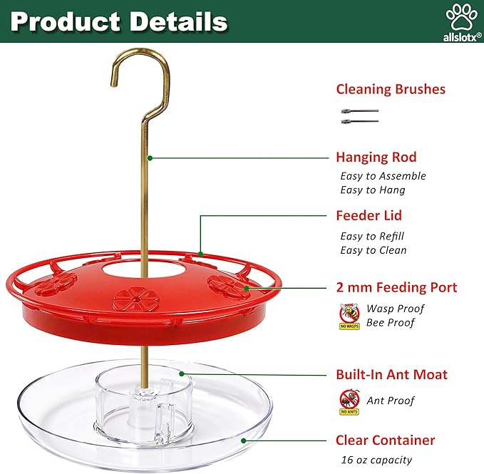 Hummingbird Feeders for Outdoors Hanging (2 Pack), 5 Feeding Ports 16 oz Plastic Hummingbird Feeder, Bee-Proof Leak-Proof No Drip, Easy to Clean with Cleaning Brushes