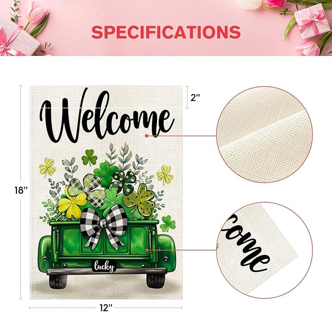 St Patricks Day Truck Garden Flag 12x18 Inch Double Sided Outside Shamrocks Clovers Welcome Yard Flag for Outdoor Farmhouse Holiday Outside Decoration