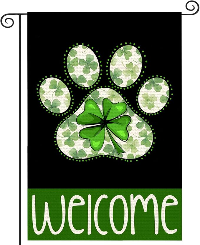 St Patricks Day Garden Flags for Outside, Irish Dog Paw with Green Hat Lucky Shamrocks Yard Decoration, Small Seasonal Outdoor Decor for Farmhouse Holiday,12x18 Inch Double Sided