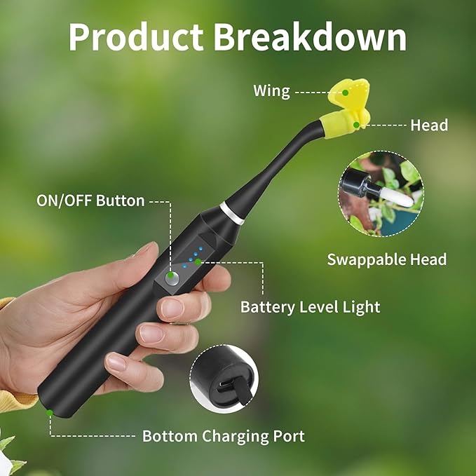 Plant Pollination Tool - USB Rechargeable Vibrating Pollinator for Greenhouse Crops Like Tomatoes and Strawberries